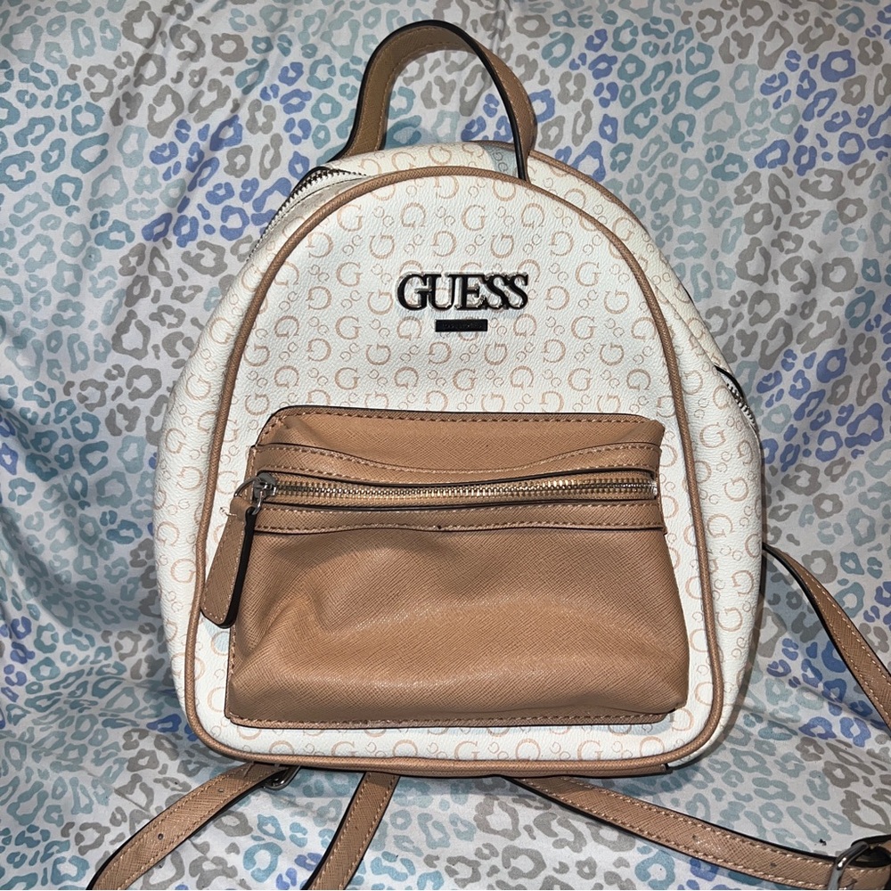Tan White Guess Mini Backpack Purse Handbag Faux Leather G Logo